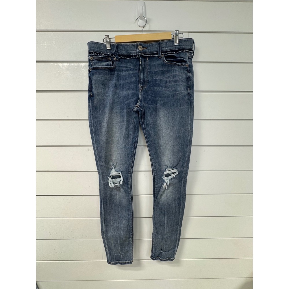 Express Mid Rise Legging Jeans Medium Wash Distressed Raw Waistband 12R Womens